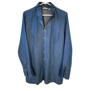 Soft Surroundings Denim Blue Ruffle Collar Shirt